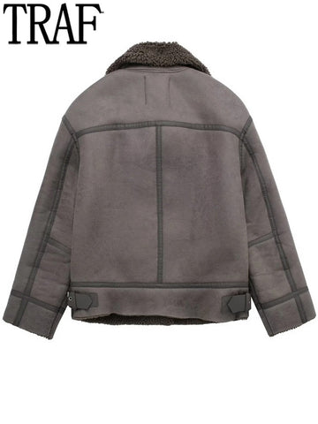 Yipinpay Women Fleece Jacket Brown Faux Leather Jacket Women Double Faced Zip Up Winter Woman Coat 2023 Very Warm Heavy Jackets